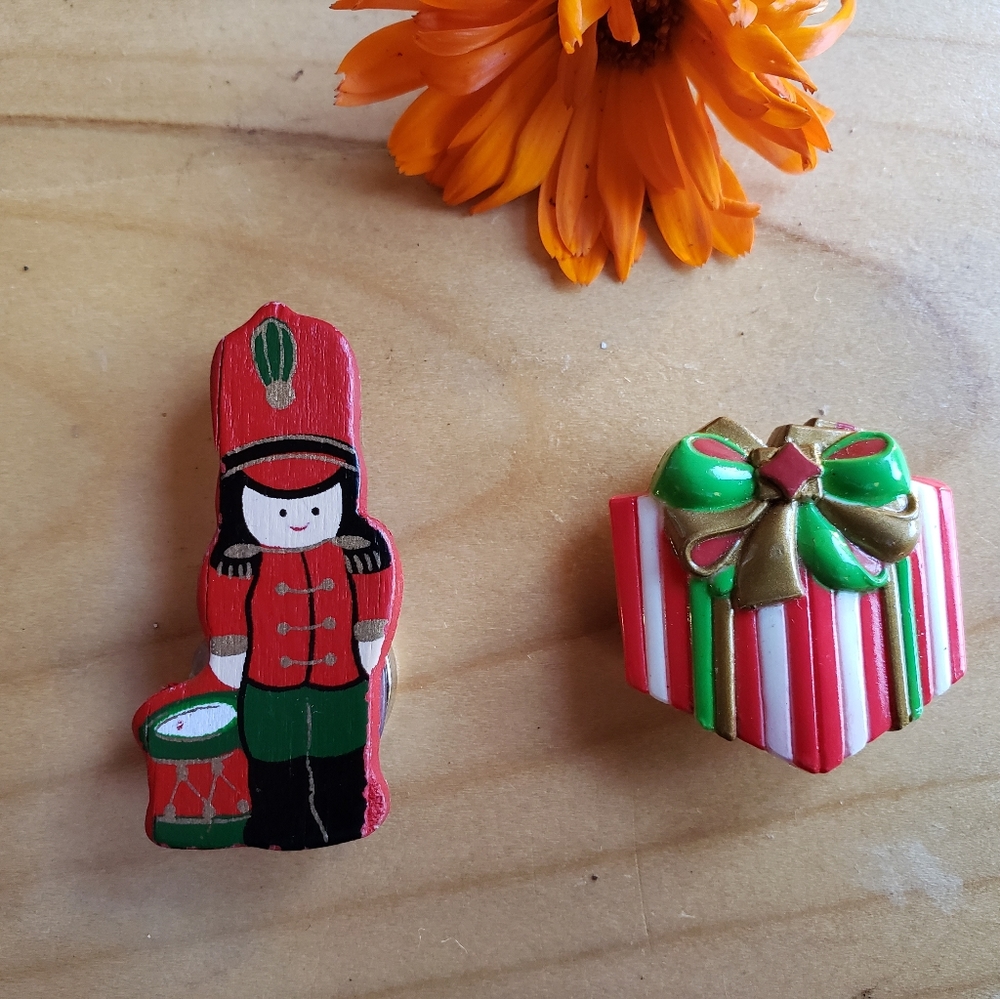 Retro Celluloid and Wood Novelty Christmas Button Covers